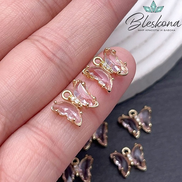 9,5*11 мм, Цвет золото, Подвеска бабочка стекло розовое №2