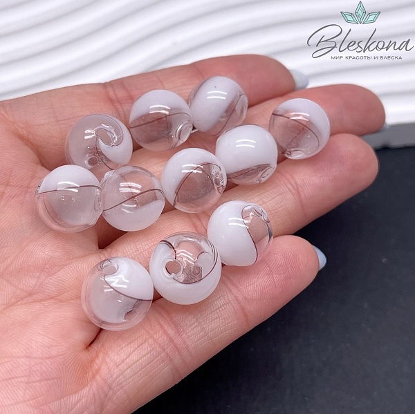 13 мм Бусина шар стекло прозрачно-  белое коричневые полосы