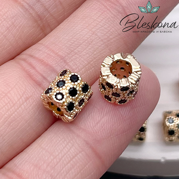 7*7,5 мм Цвет золото, Бусина цилиндр черные цирконы