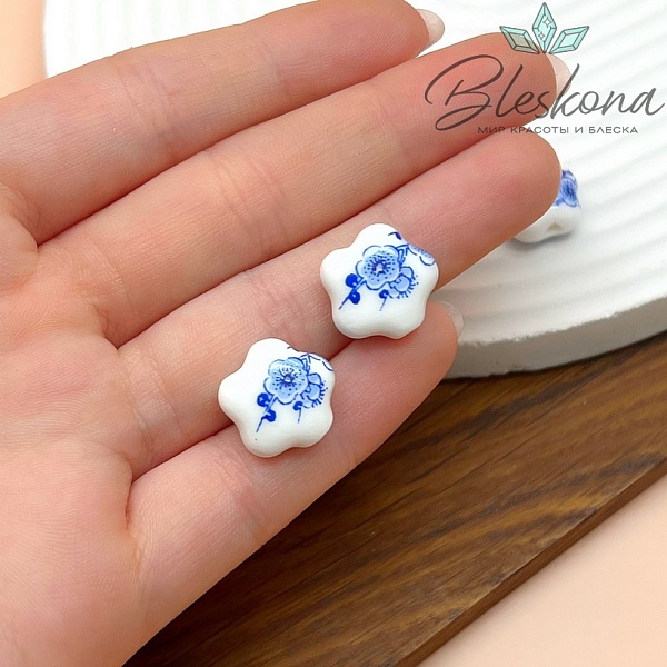 14,5*14 мм Керамика Бусина цветок роспись гжель №3 (штучно)