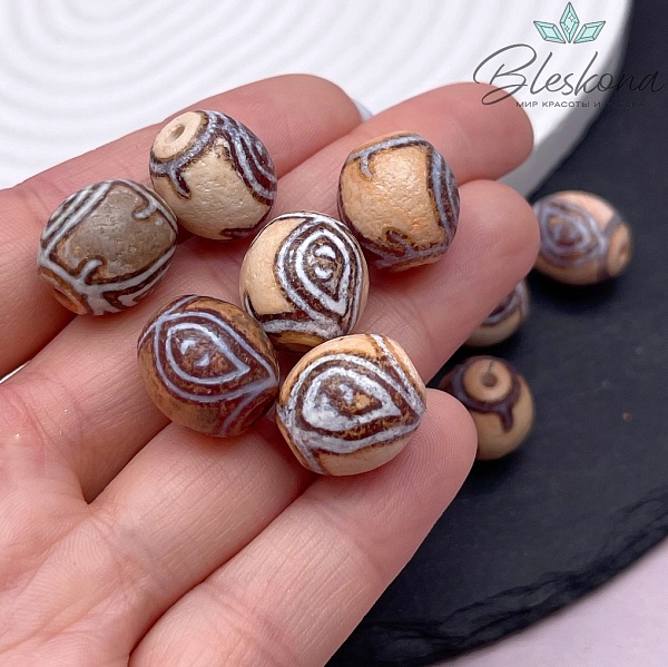 Бусина Дзи 2 глаза Феникса серо-коричневый бочонок 14*14 мм