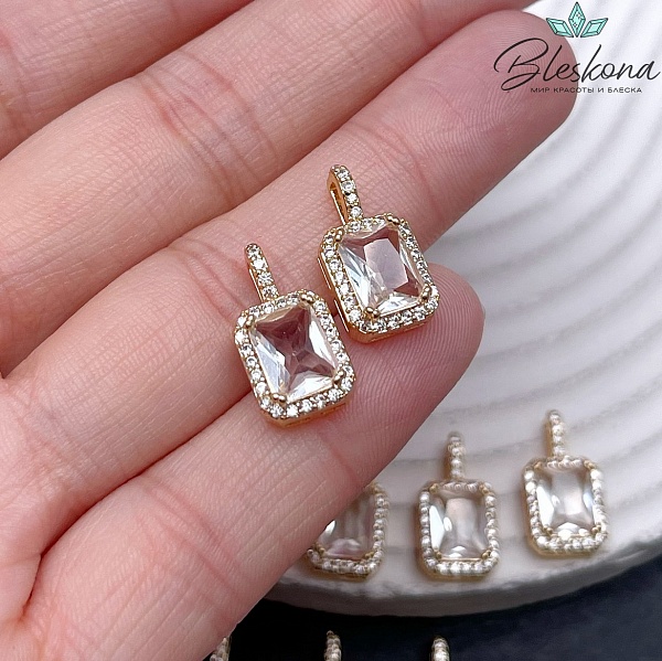 16*8,8 мм Цвет золото, Подвеска прямоугольник белый циркон