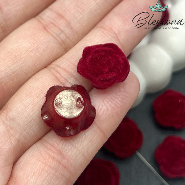 15мм Бархатная бусина Цветок - Роза, Цвет бордо
