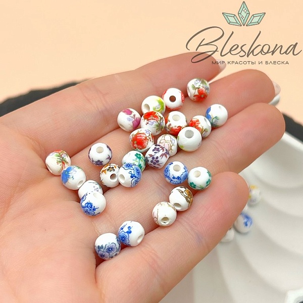 6 мм Керамика Бусина роспись гжель №16 уп. 10 шт