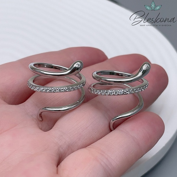 21,5 мм Цвет серебро, Кольцо безразмерное змея цирконы