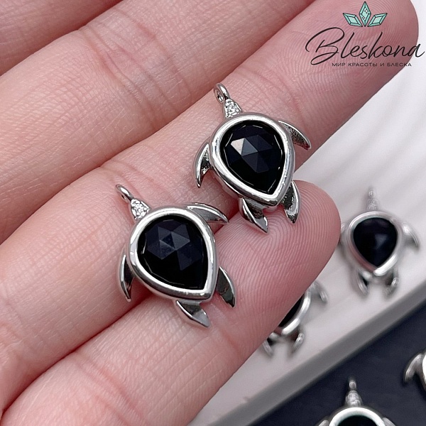 19*15 мм, Цвет серебро, Подвеска Черепаха Черный Агат