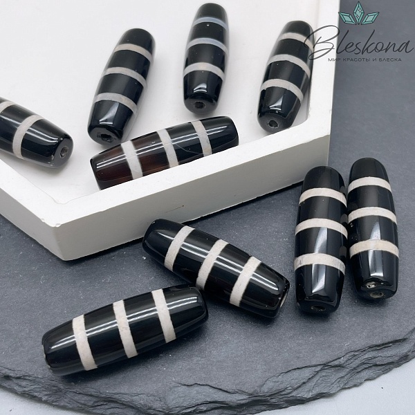 Бусина Дзи Полосатая черно-белый бочонок 30*11 мм