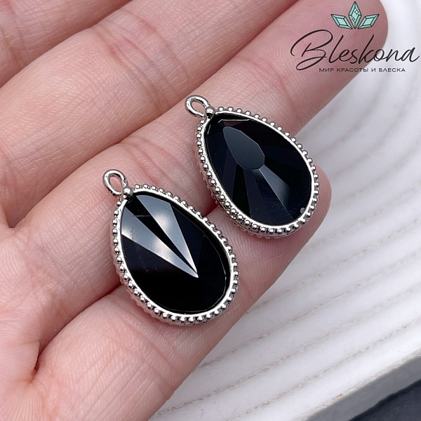 14,4*23мм, цвет серебро ,Подвеска капля Черный агат