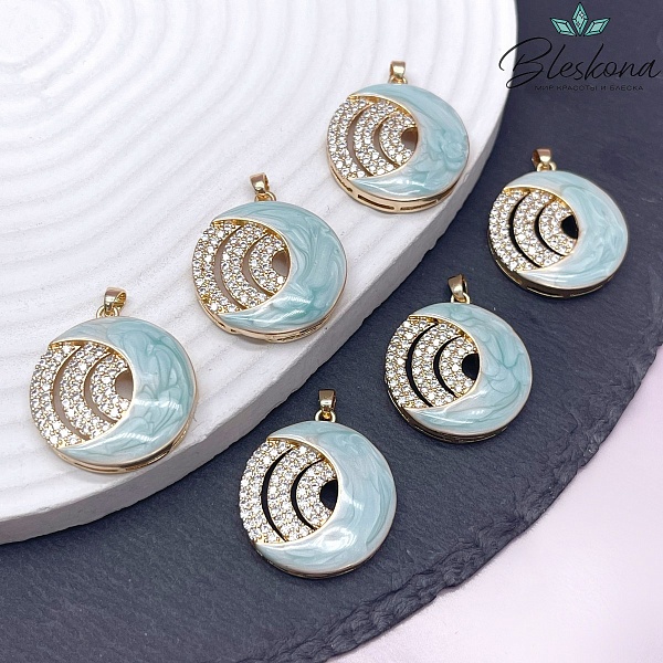 24мм, Цвет золото, Подвеска Луна эмаль цирконы