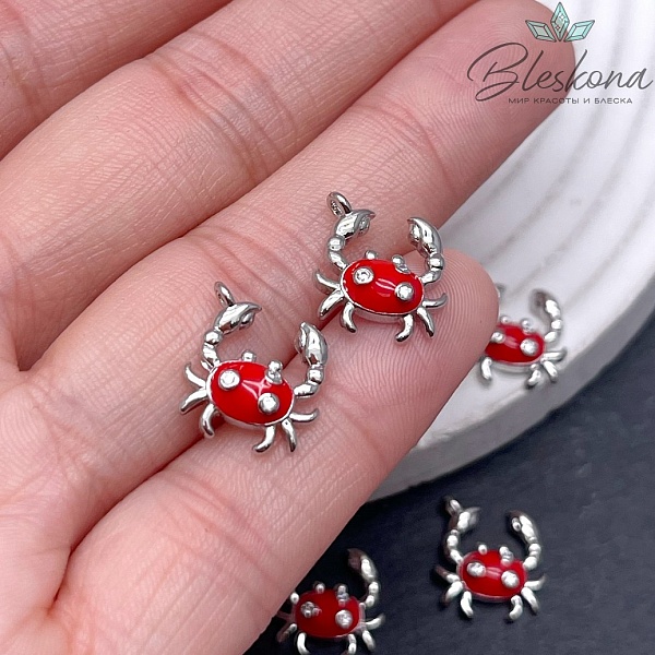 12,5*12мм Цвет серебро, Подвеска Краб эмаль и стразы