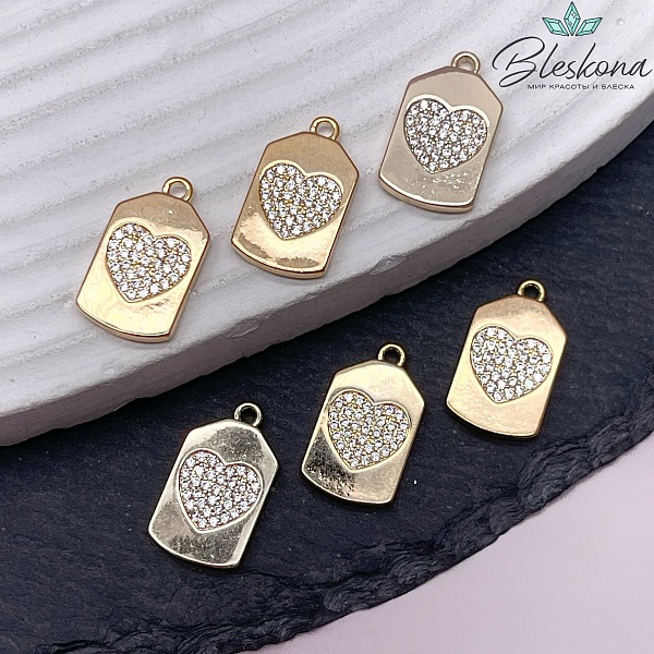 10*17мм Цвет золото, Подвеска прямоугольник Сердце цирконы 
