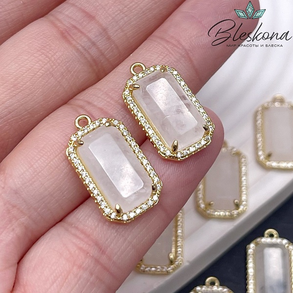 12*21мм, цвет золото ,Подвеска Прямоугольник Горный хрусталь в обрамлении цирконы