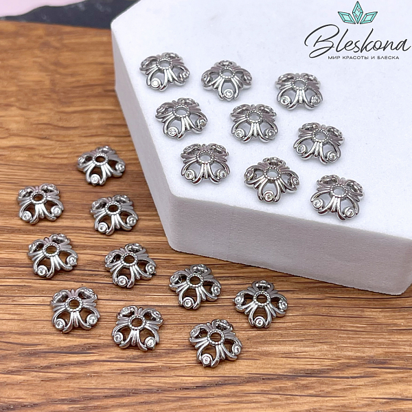 10 мм Цвет серебро, Шапочка цветок с цирконами