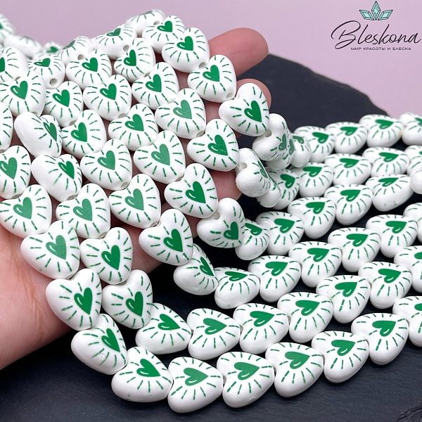 14,5 мм Бусина сердце, керамика цвет белый зеленый рисунок