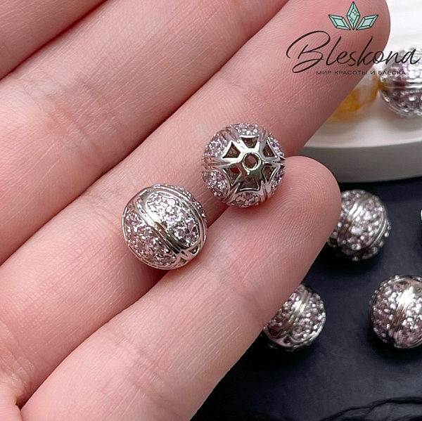 10,5 мм Цвет серебро, Бусина Арбуз цирконы розовые