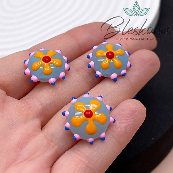 20 мм Бусина округлая серая оранжевый цветок