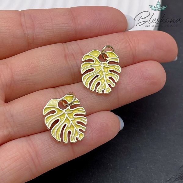 18*16 мм Цвет золото, Подвеска Монстера лист желтая эмаль 