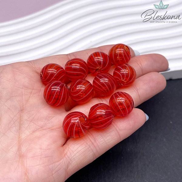 14 мм Бусина шар стекло красное бело- черные  полосы