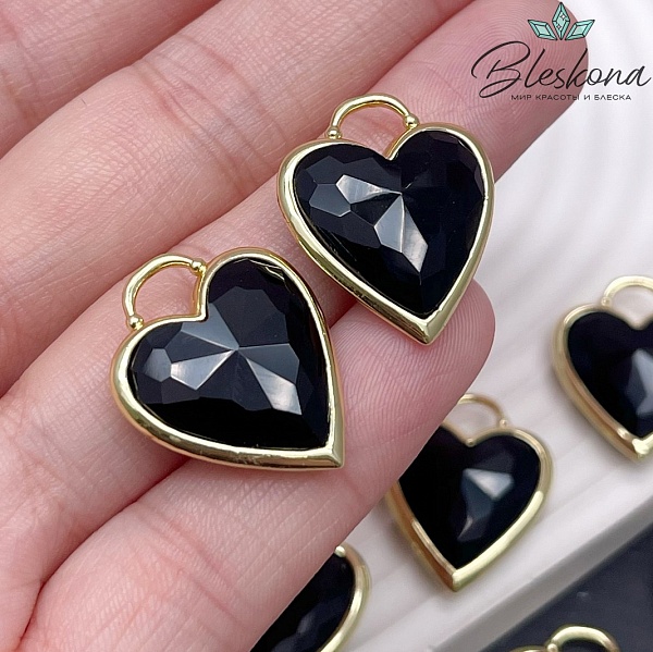 23,5*19 мм, Цвет золото, Подвеска Сердце черный агат огранка