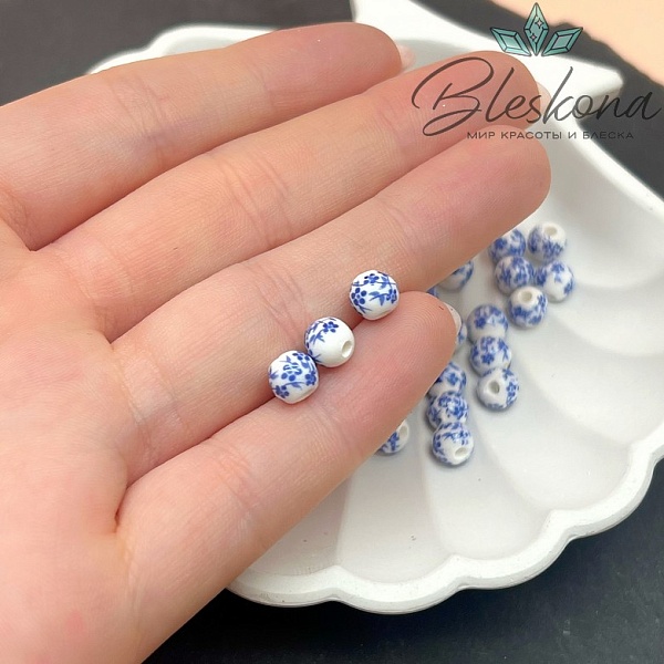 6 мм Керамика Бусина роспись гжель №2 (штучно)