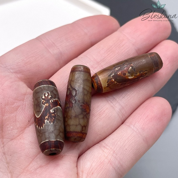 Бусина Дзи Дракон серо-коричневый бочонок 30*11 мм