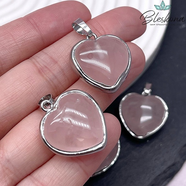 22,5*25 мм, Цвет серебро, Подвеска Сердце Розовый Кварц в обрамлении