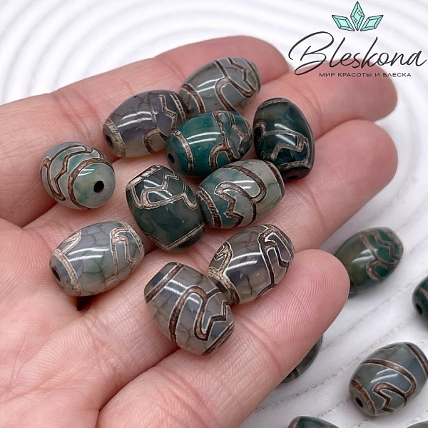 Бусина Дзи Лотос зелено-коричневый бочонок 10*14 мм