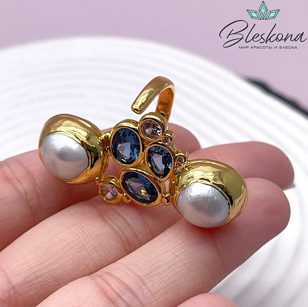 22 мм Цвет золото, Кольцо безразмерное Жемчуг с цирконами