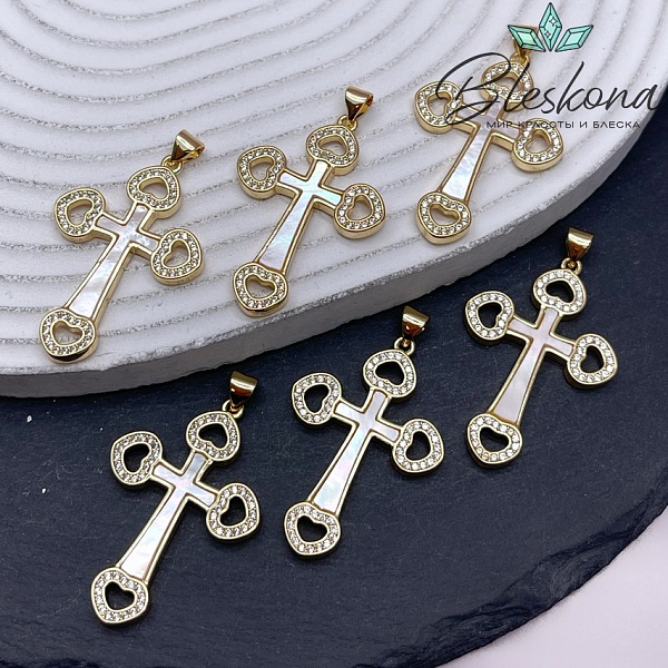 37*25 мм Цвет золото, Подвеска Крест сердечки с перламутром и цирконами