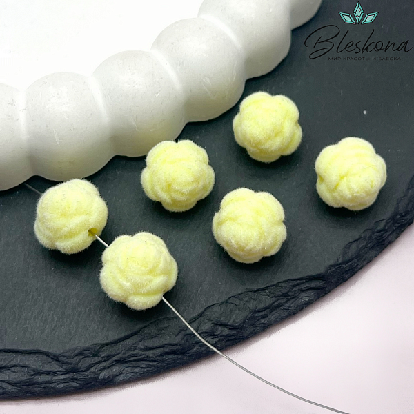 12мм Бархатная бусина Цветок - Роза, Цвет светло-желтый