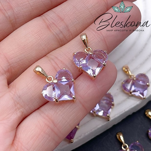 14,5*14 мм Цвет золото, Подвеска Сердце сиреневые цирконы
