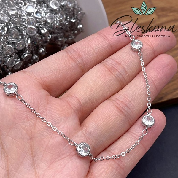Цепь №202 цвет серебро, циркон 6 мм