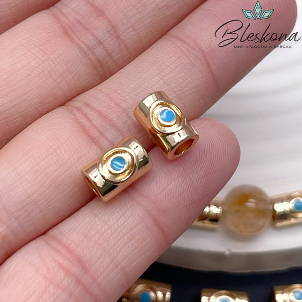 9,6*6,7 мм Цвет золото, Бусина цилиндр голубая эмаль