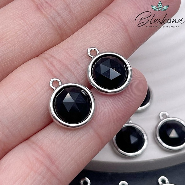 11,5мм, цвет серебро ,Подвеска круг мини Черный агат огранка