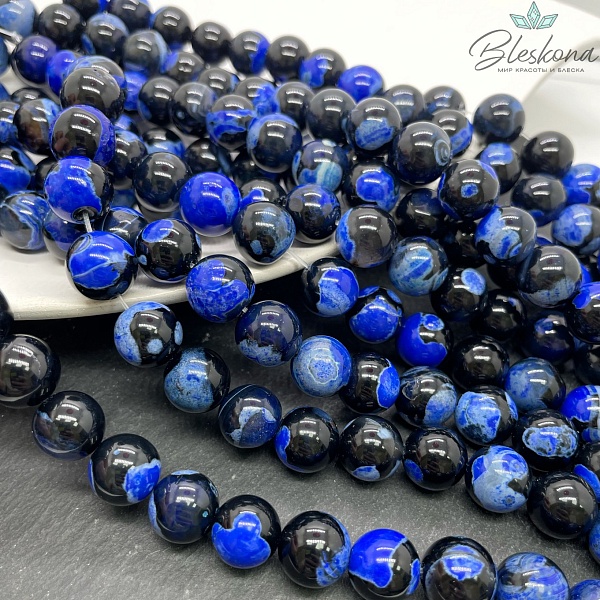 Агат черный синие разводы (имитация) 12 мм