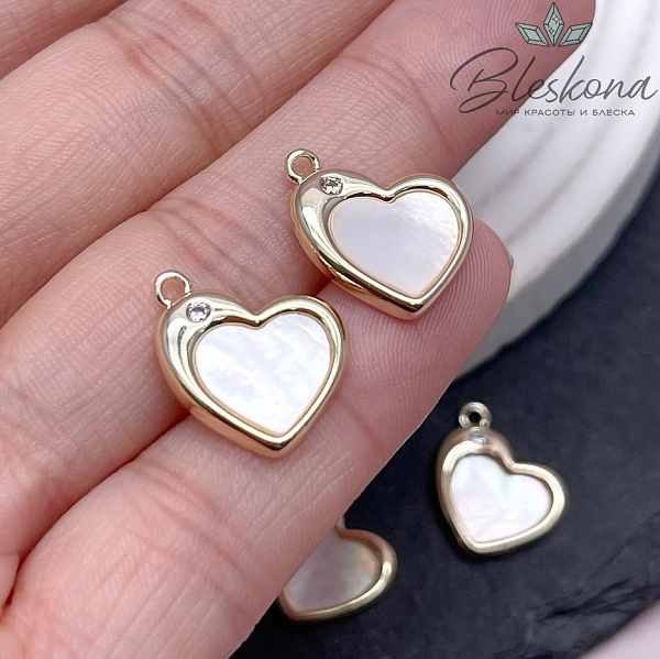 16*14,5мм, Цвет золото, Подвеска Сердце белый перламутр с цирконом