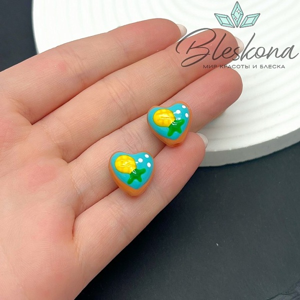 14 мм Бусина сердце коричневое с голубым