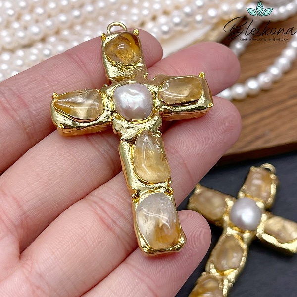 38*65 мм Цвет золото, Подвеска крест Жемчуг, Цитрин в обрамлении