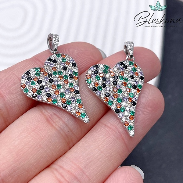 20*27мм, цвет серебро, Подвеска сердце микс цирконы 