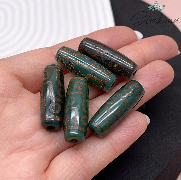Бусина Дзи 9 глаз темно-зеленый бочонок 30*11 мм