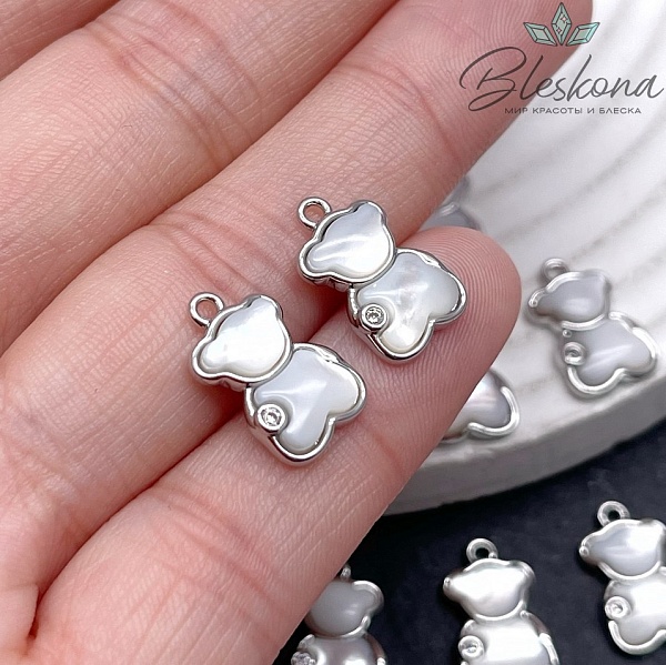 15*9мм, цвет серебро,Подвеска мишка циркон белый перламутр 