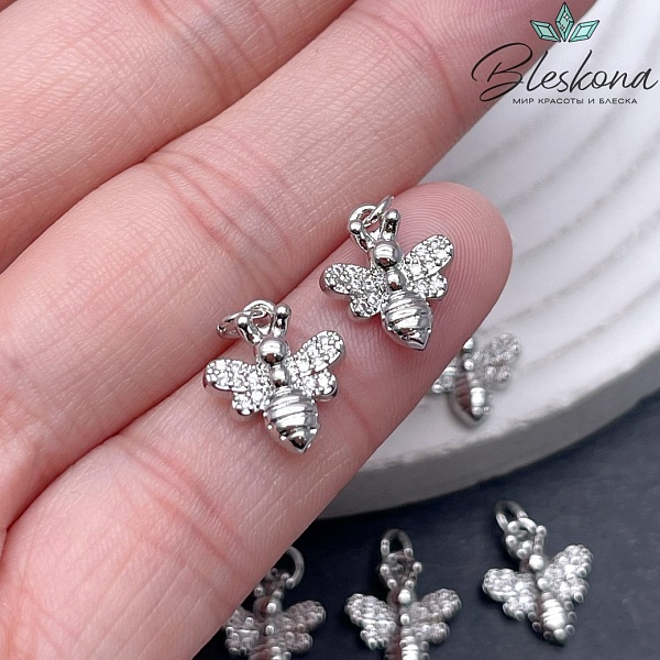 12,5*11 мм Цвет серебро, Подвеска Пчелка с цирконами 