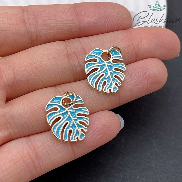 18*16 мм Цвет золото, Подвеска Монстера лист голубая эмаль 