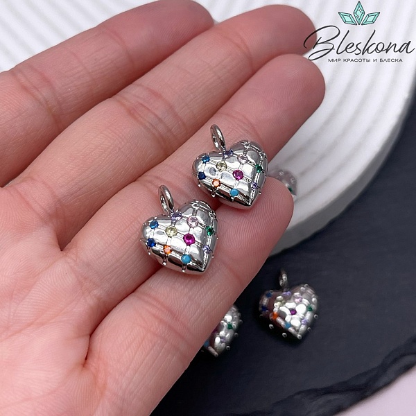 17*14 мм Цвет серебро, Подвеска сердце с цирконами микс