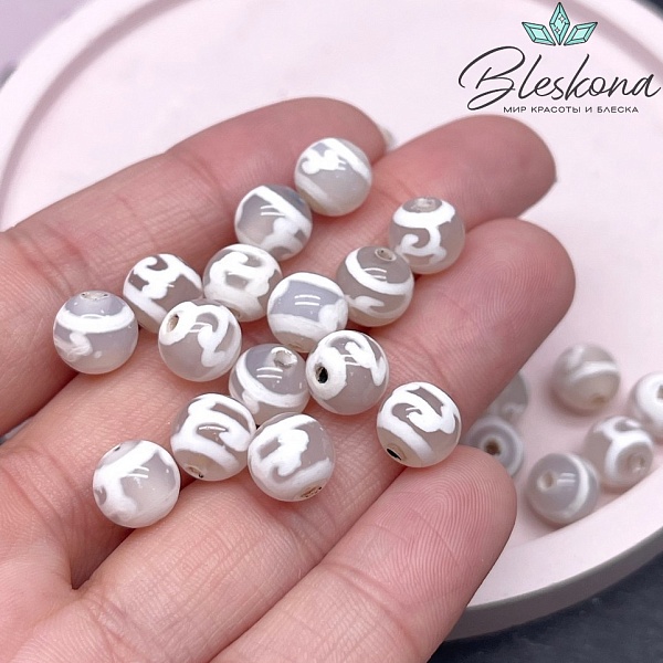 Бусина Дзи Зеленая тара серо-белый шар 8 мм уп.15 шт