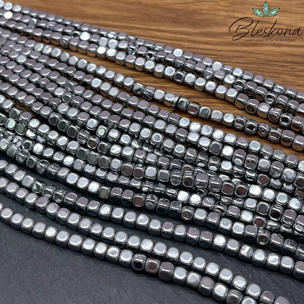 4 мм Гематин имитация, куб округленные стороны, темное серебро