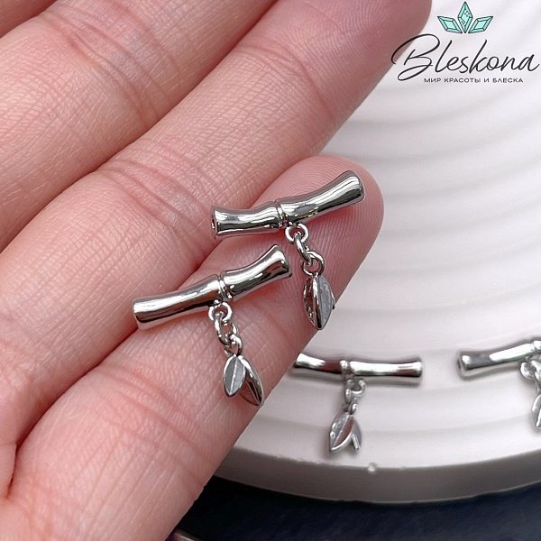 15,5*3,3 мм Цвет серебро, Бусина трубочка бамбук с листиками