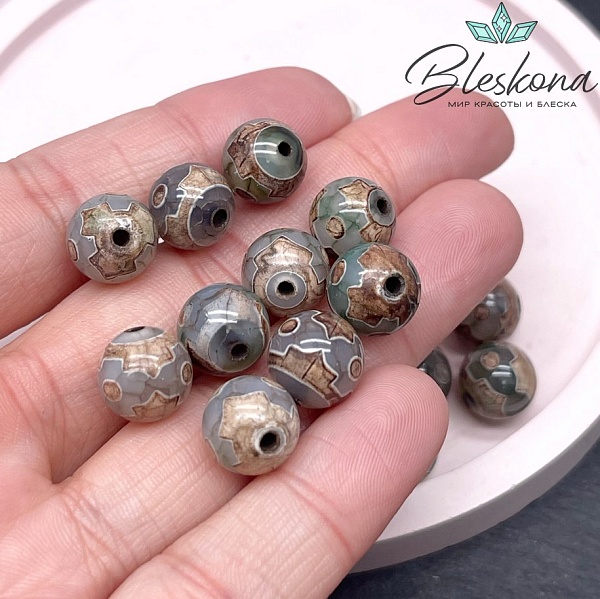 Бусина Дзи 3 глаза и мирный крест серо-зеленый шар 10 мм уп.10 шт.