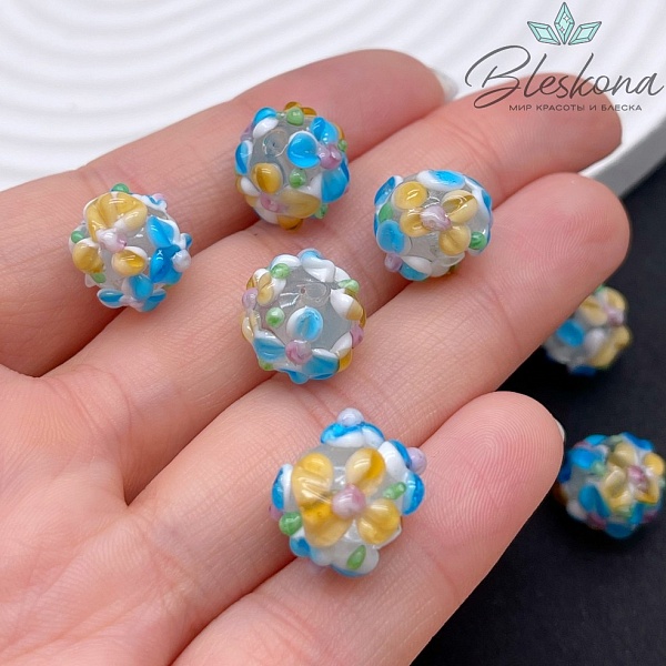 12 мм  Бусина шар цветок голубой