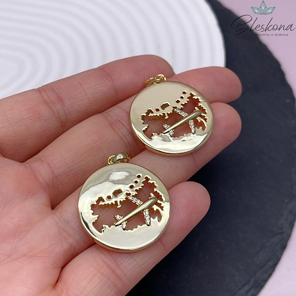 25 мм Цвет золото, Подвеска карта Мира с цирконами